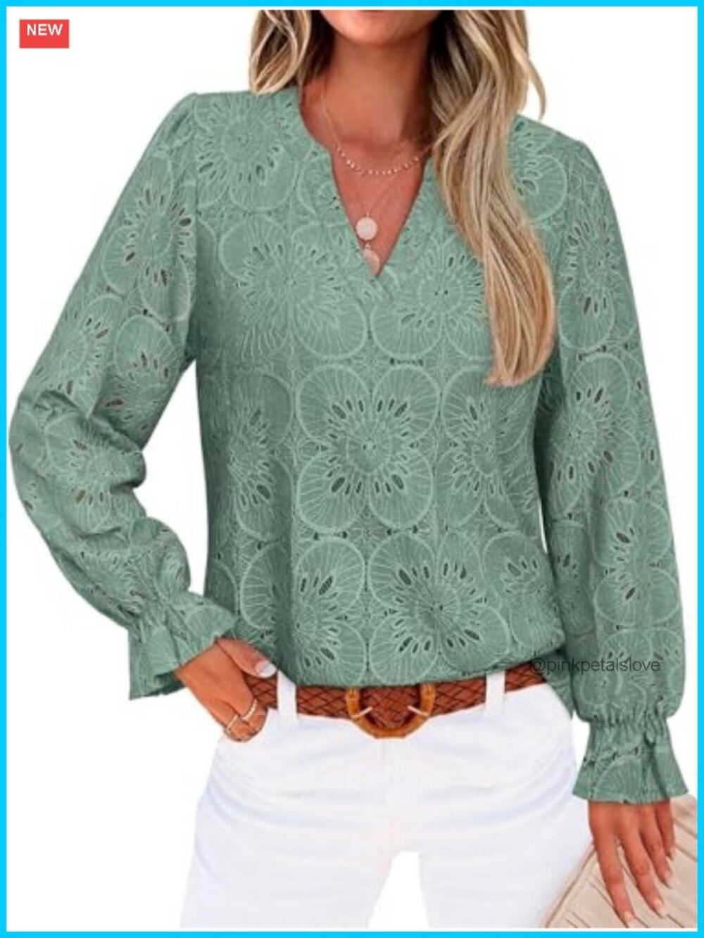 Womens V Neck Eyelet Lace Blouse with Lining Fall Fashion Top